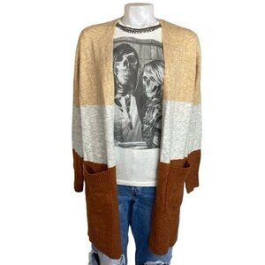 A New Day Striped Cardigan Tan Grey Tawny Long Acrylic Sweater Size XS